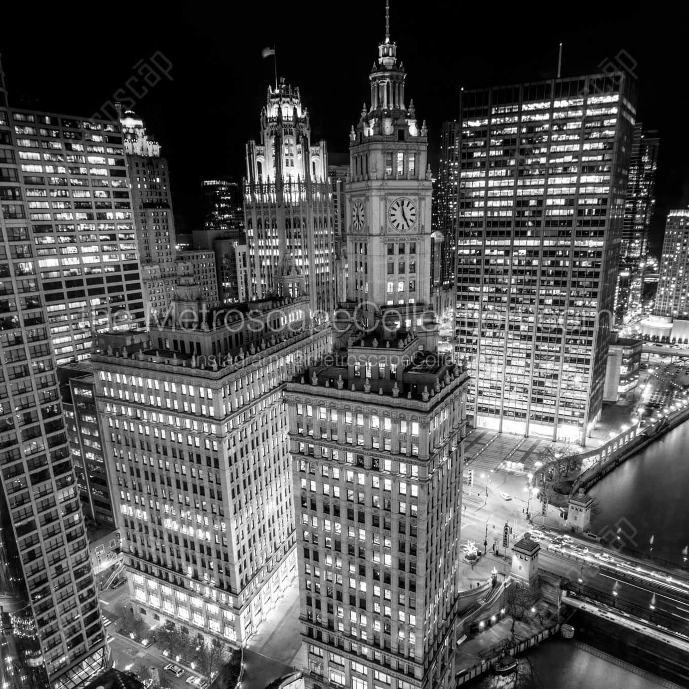downtown chicago at night Black & White Wall Art