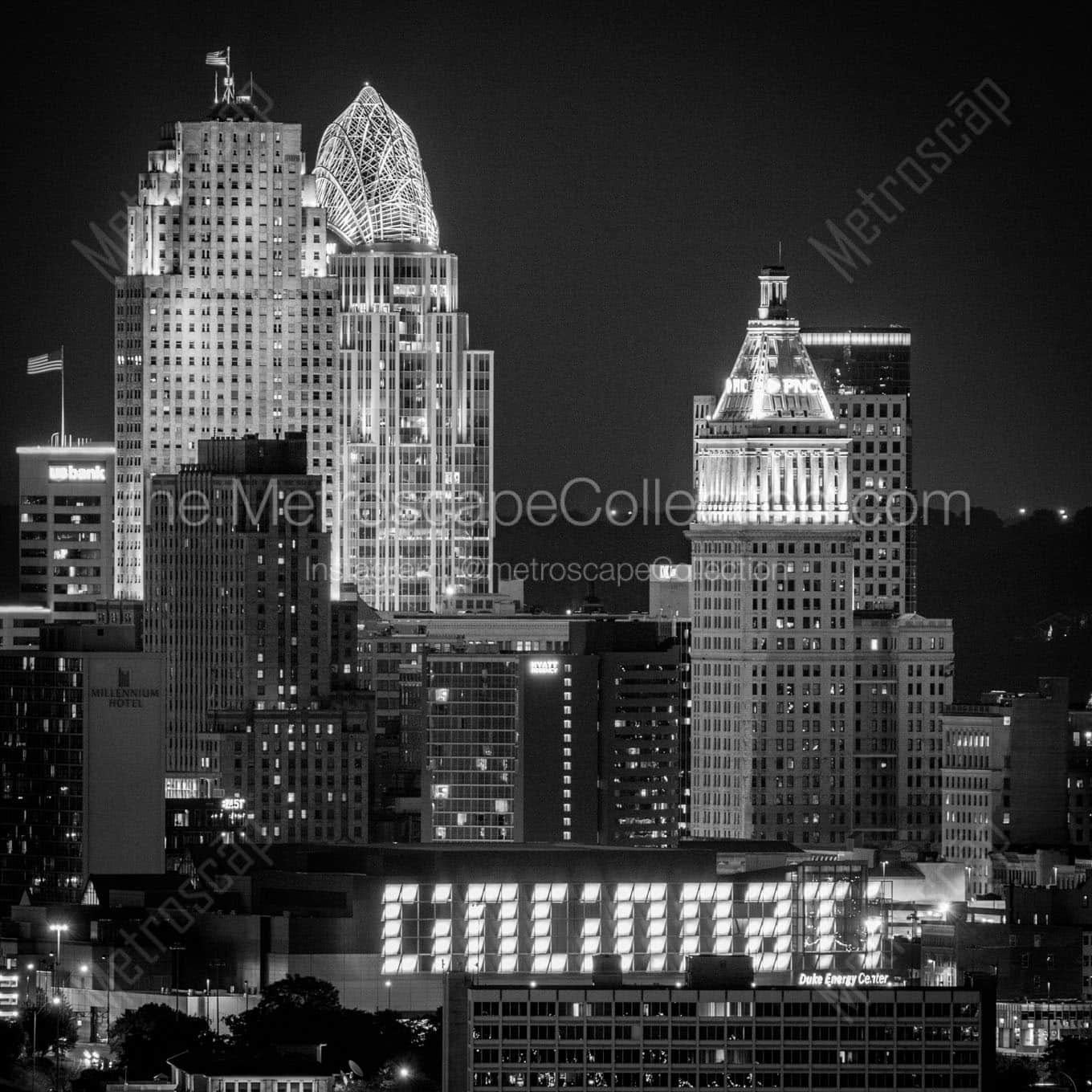 downtown cincinnati skyline westside night Black & White Wall Art