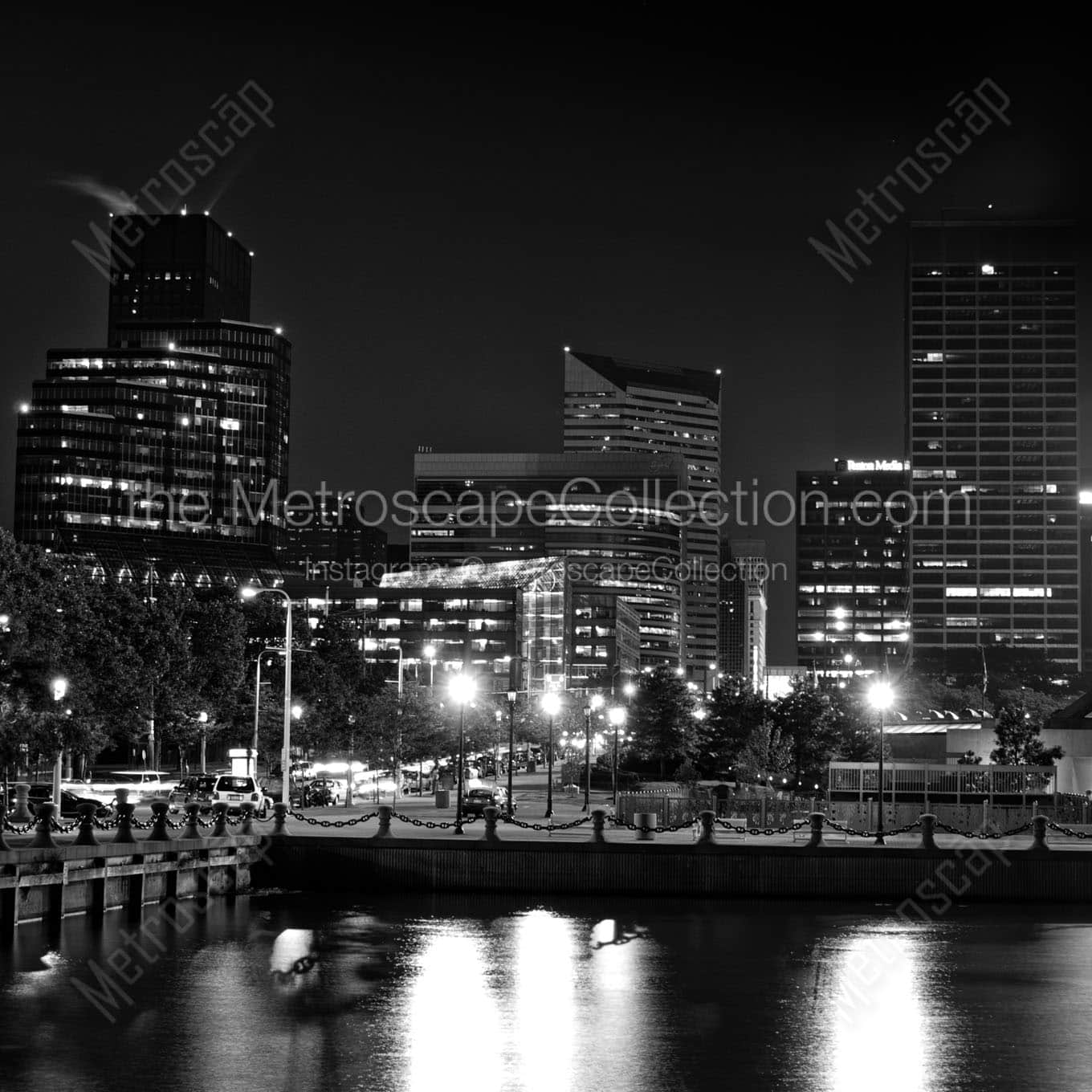 downtown cleveland at night Black & White Wall Art