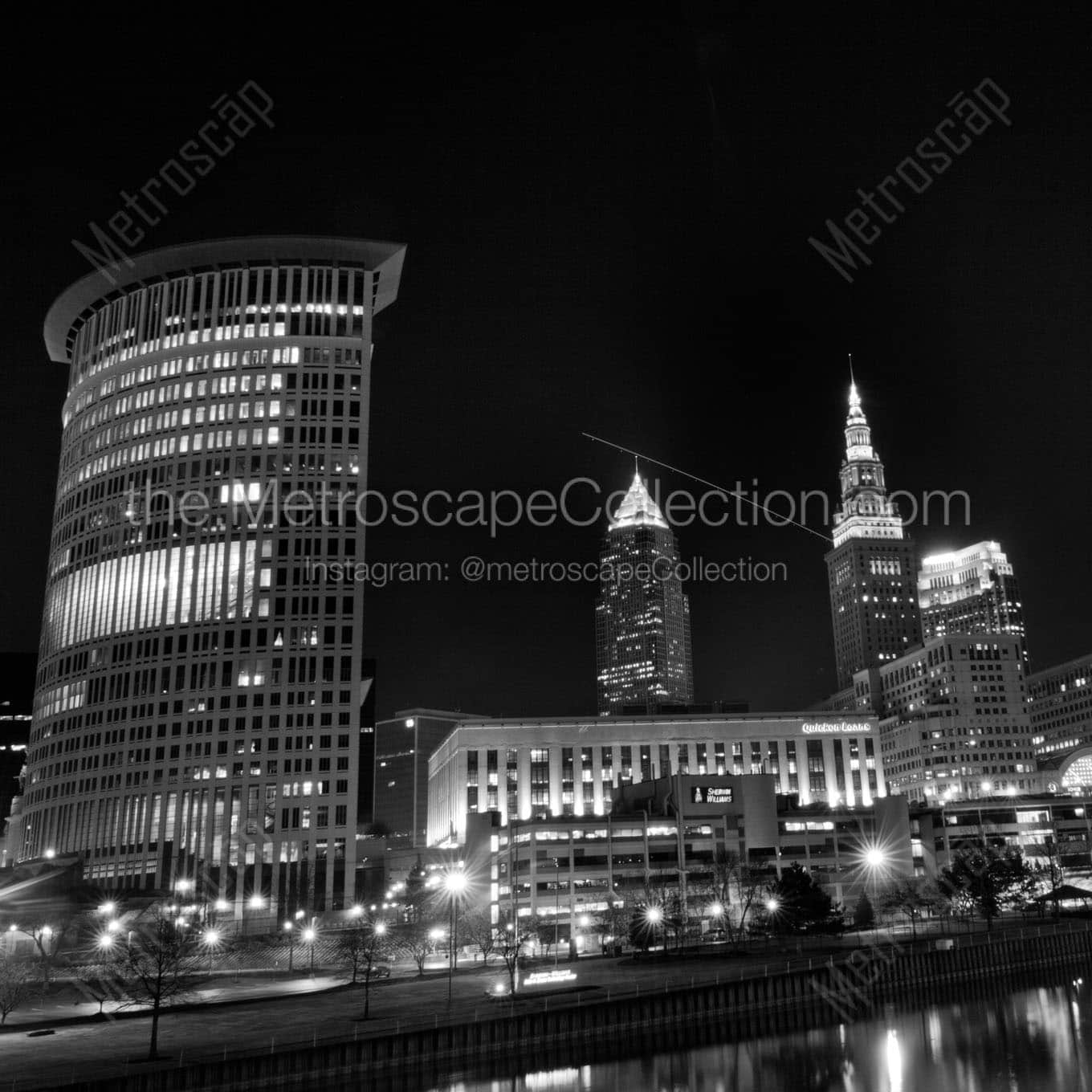 downtown cleveland ohio at night Black & White Wall Art