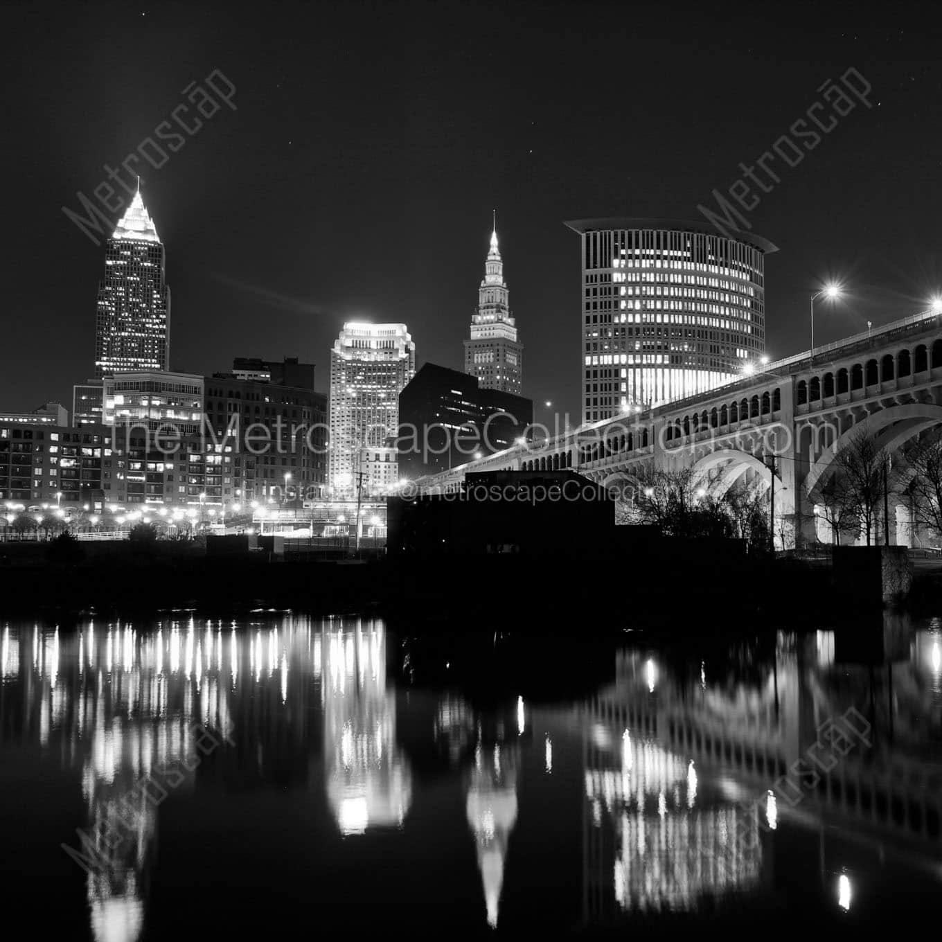 downtown cleveland skyline at night Black & White Wall Art