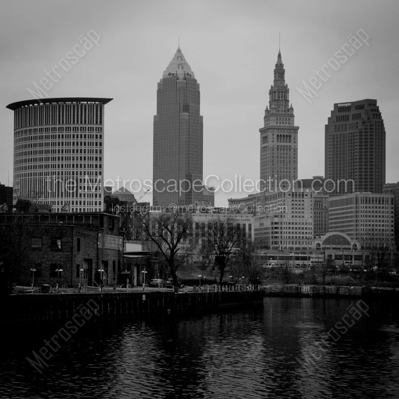 downtown cleveland skyline columbus road Black & White Wall Art