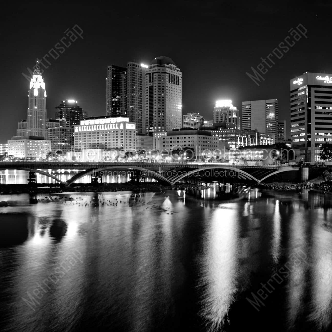 downtown columbus ohio city skyline at night Black & White Wall Art