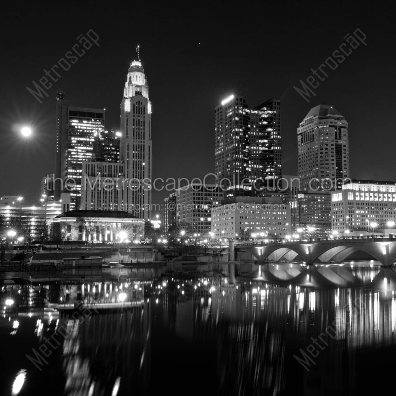 downtown columbus ohio skyline at night Black & White Wall Art
