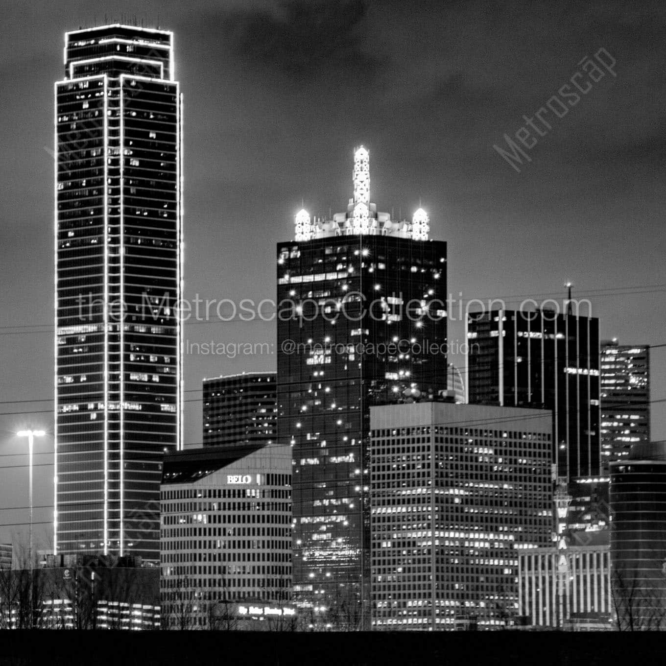 downtown dallas texas skyline at night Black & White Wall Art