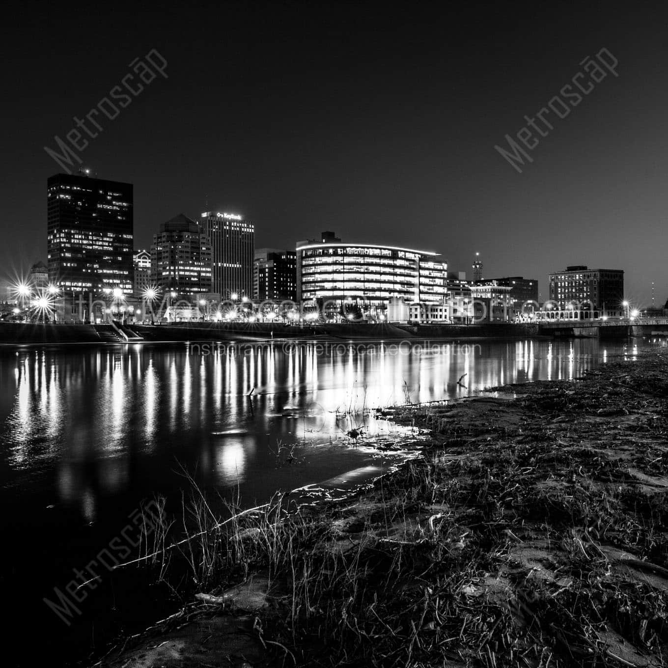 downtown dayton ohio skyline at night Black & White Wall Art