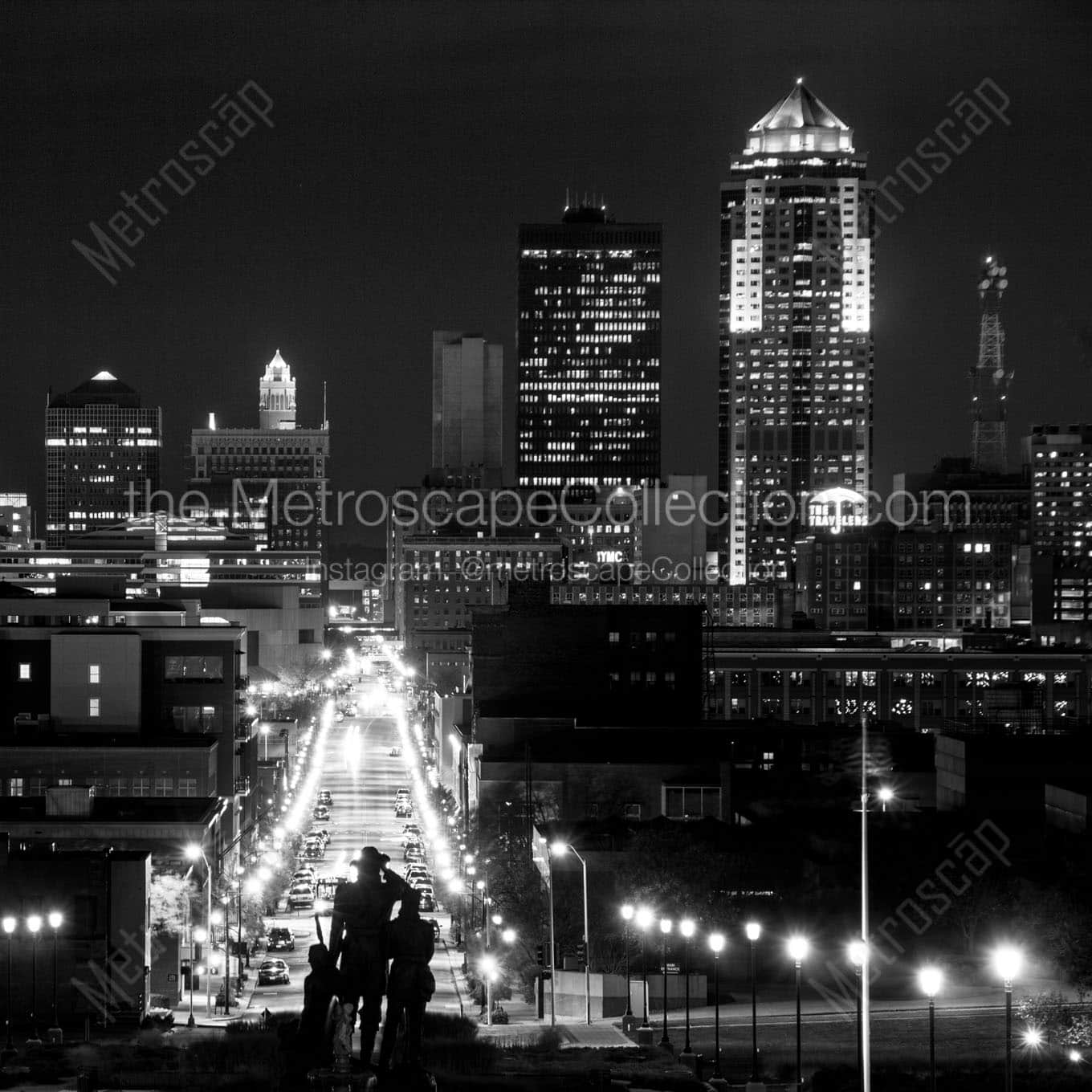 downtown des moines city skyline at night Black & White Wall Art