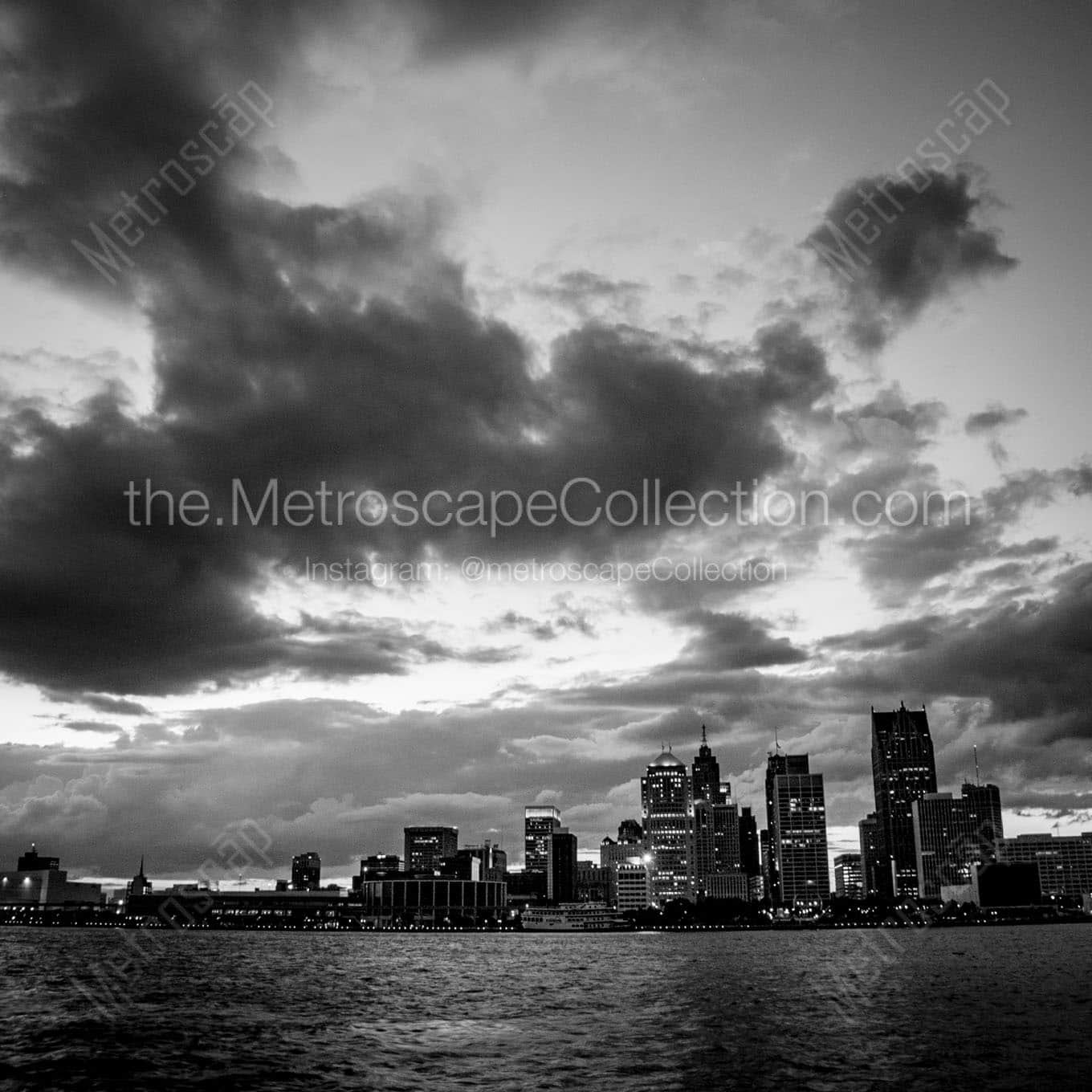 downtown detroit skyline from canada Black & White Wall Art