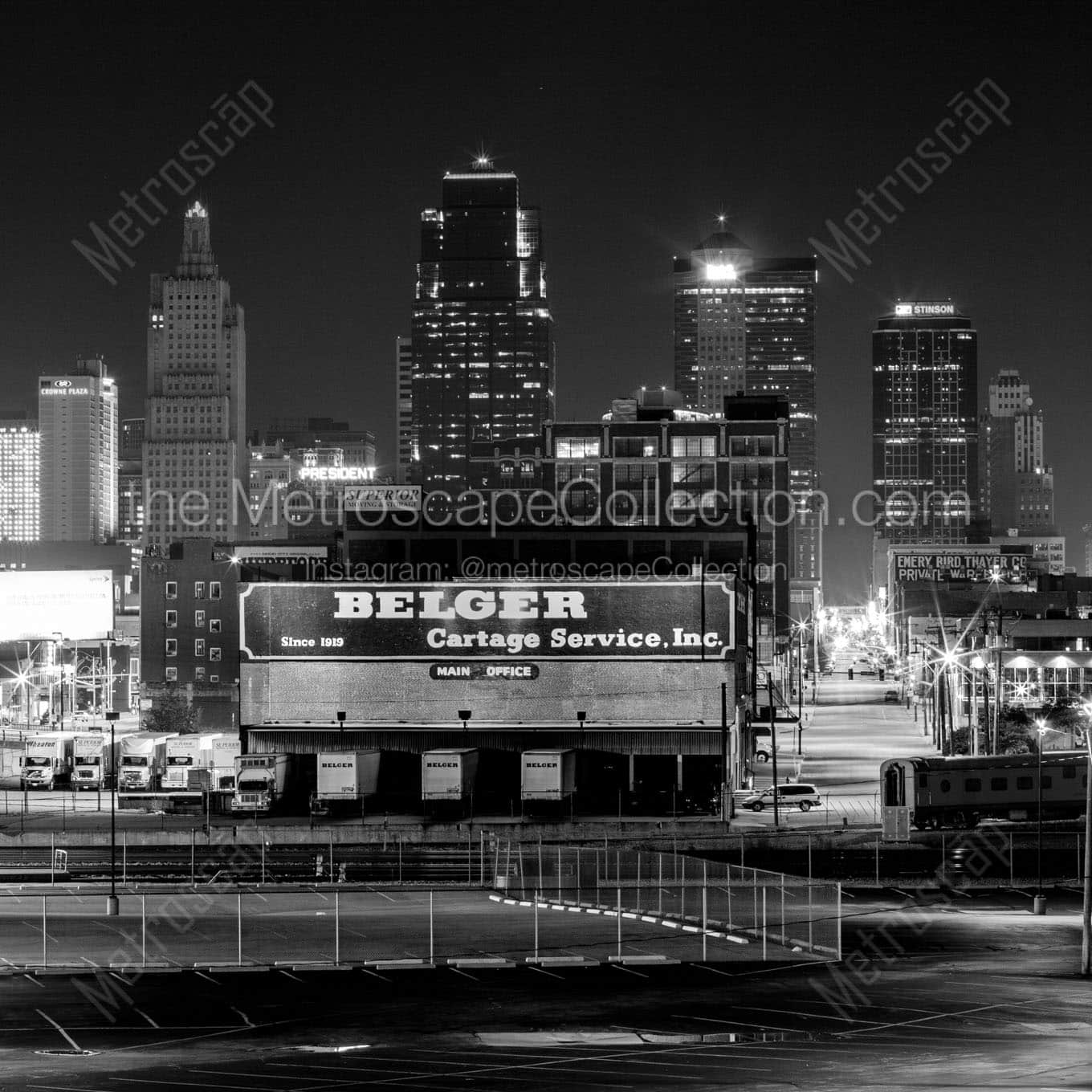 downtown kc skyline Black & White Wall Art