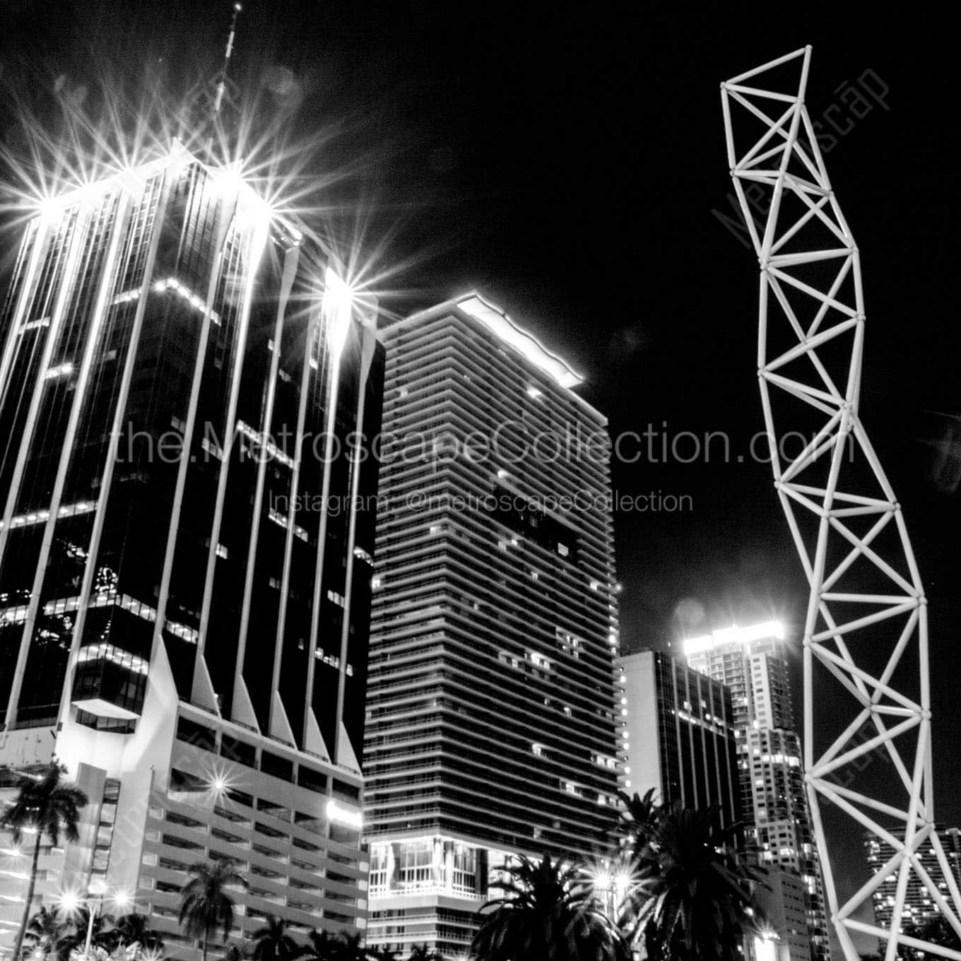 downtown miami skyscrapers night Black & White Wall Art