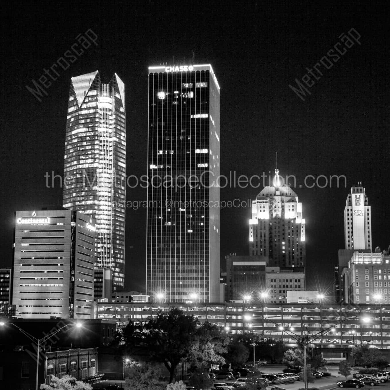 downtown okc skyline at night Black & White Wall Art