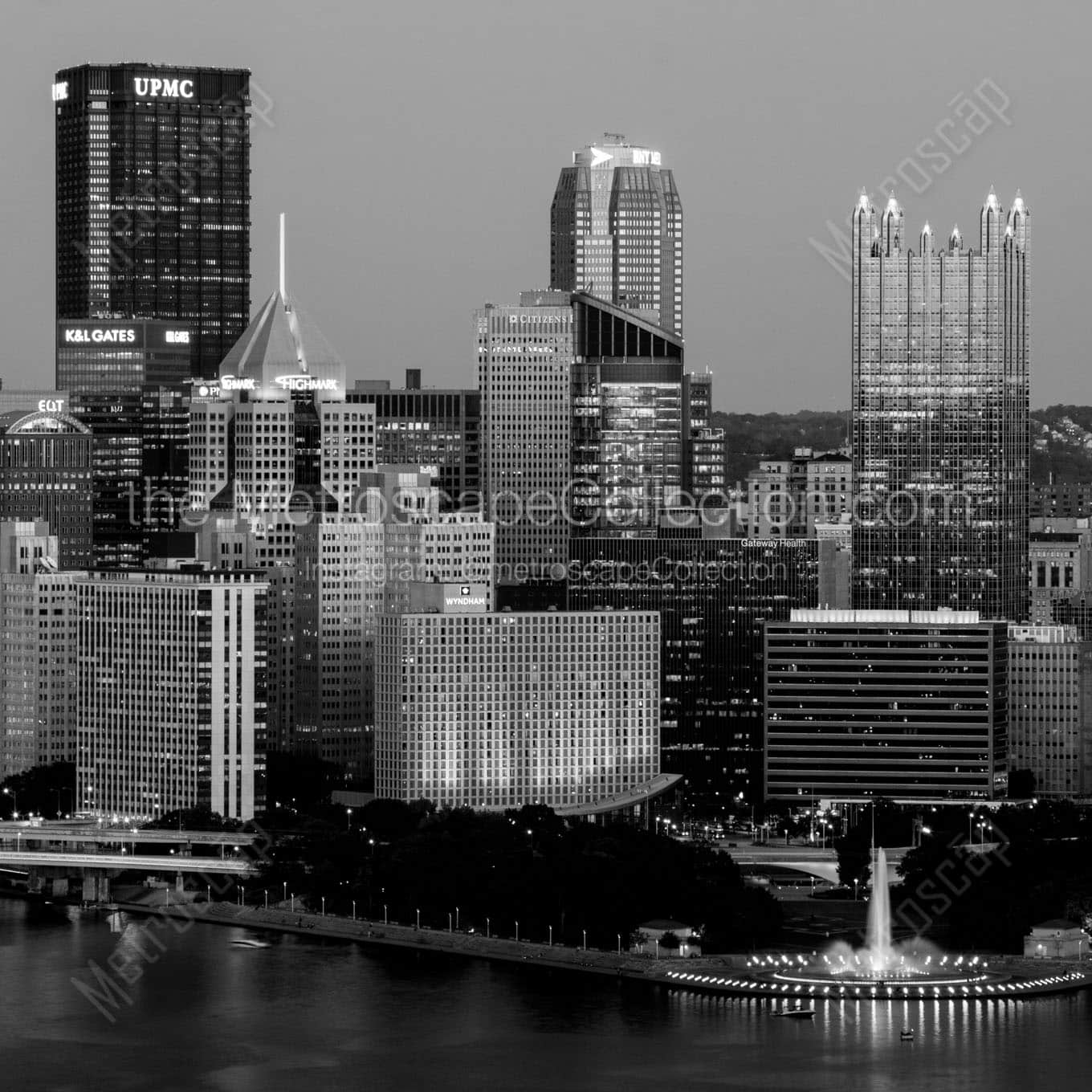 downtown pittsburgh skyline at dusk Black & White Wall Art