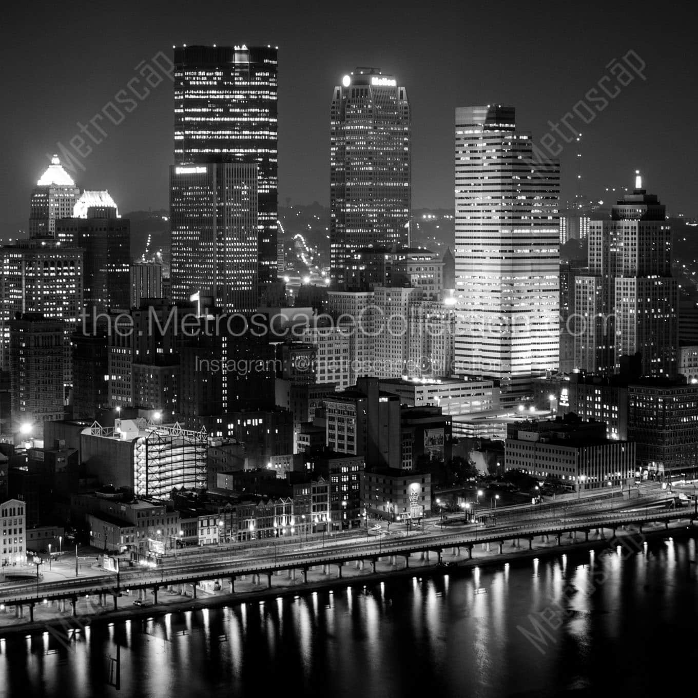 downtown pittsburgh skyline at night Black & White Wall Art