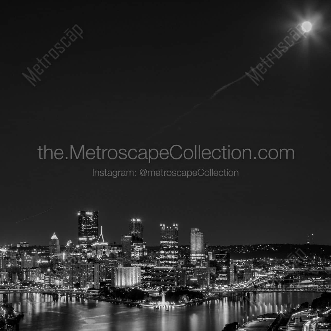 downtown pittsburgh skyline under full moon Black & White Wall Art