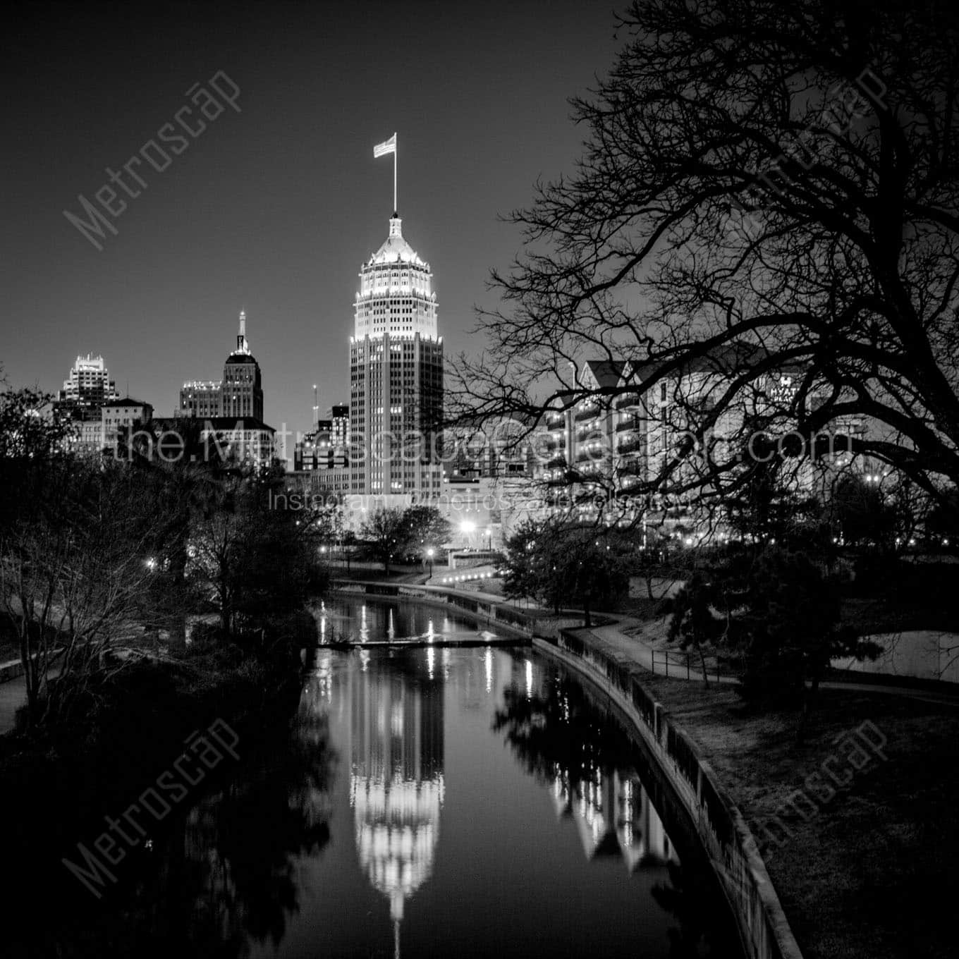 downtown san antonio texas skyline at night Black & White Wall Art