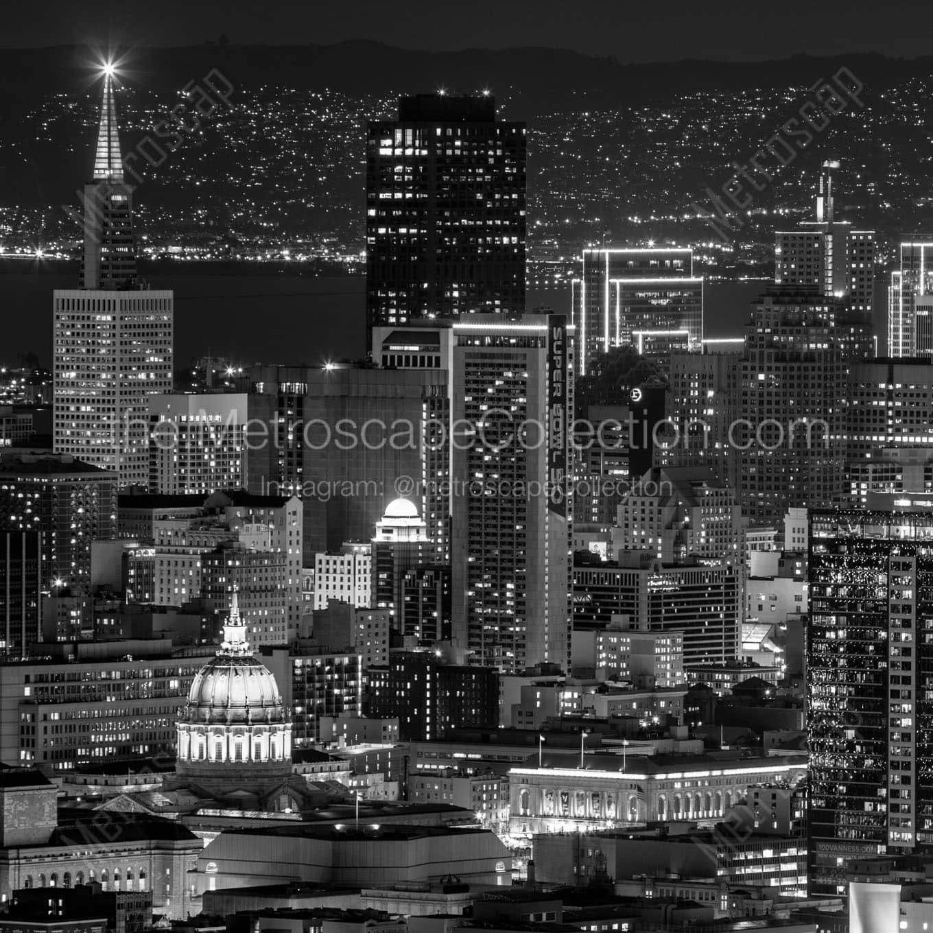 downtown san francisco skyline night Black & White Wall Art