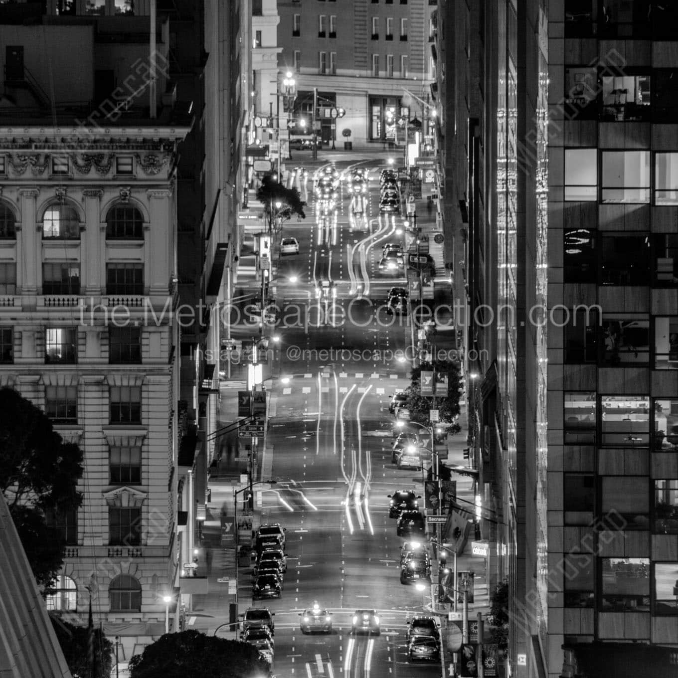 downtown san francisco traffic at night Black & White Wall Art
