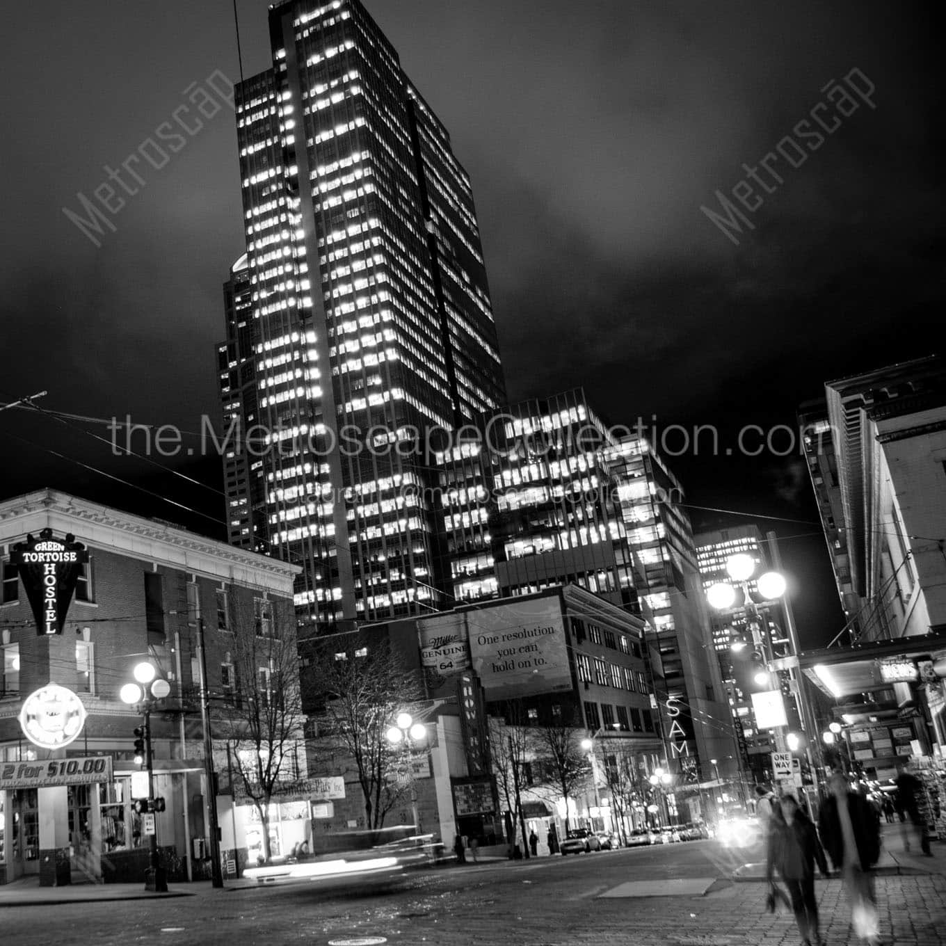 downtown seattle cityscape at night Black & White Wall Art