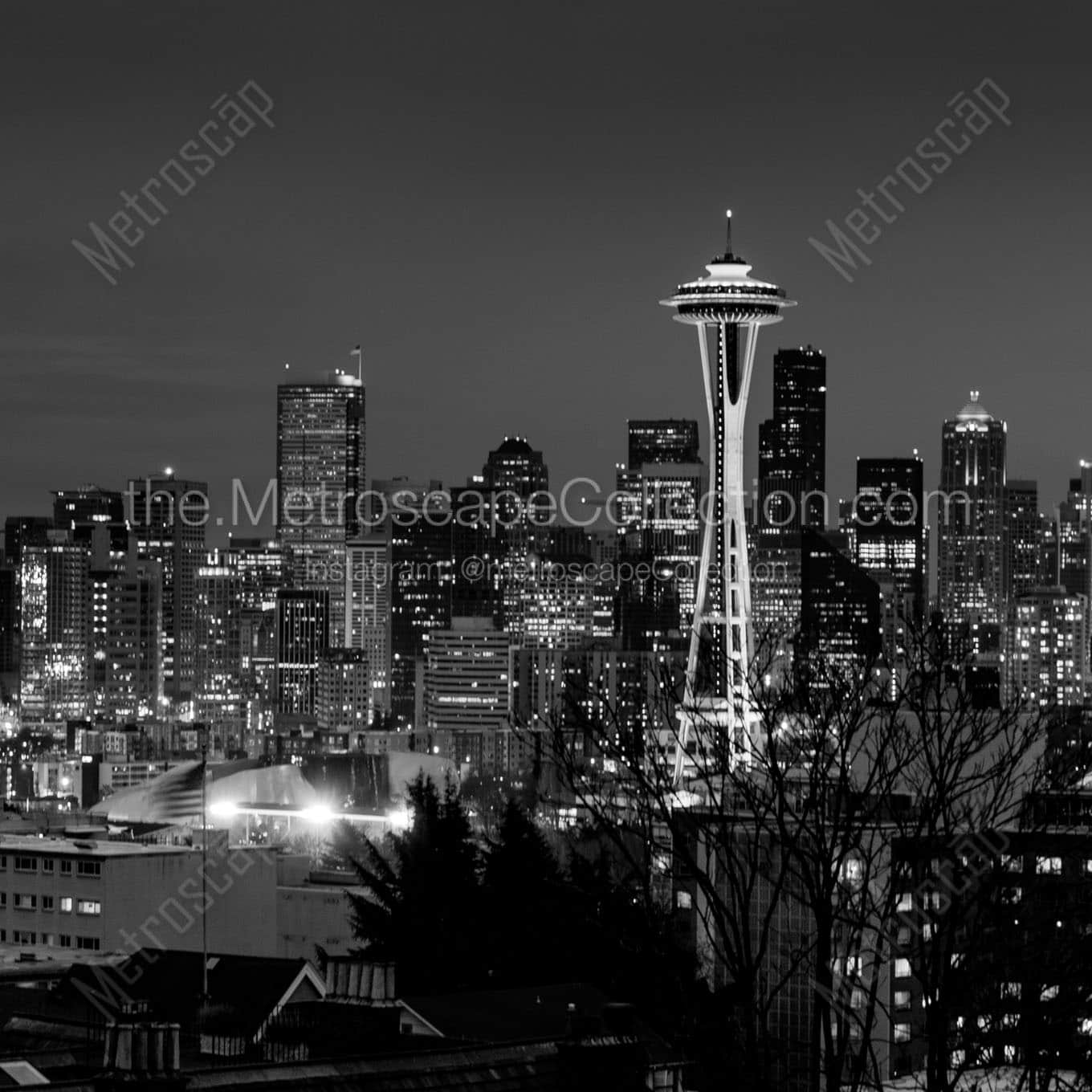 downtown seattle skyline at night Black & White Wall Art