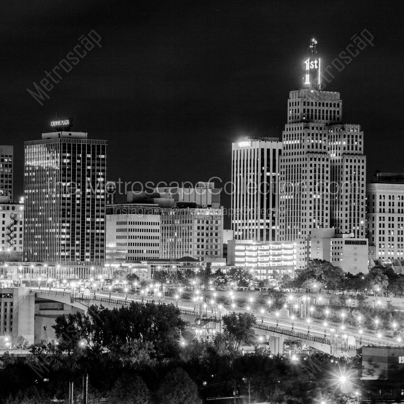 downtown st paul city skyline at night Black & White Wall Art