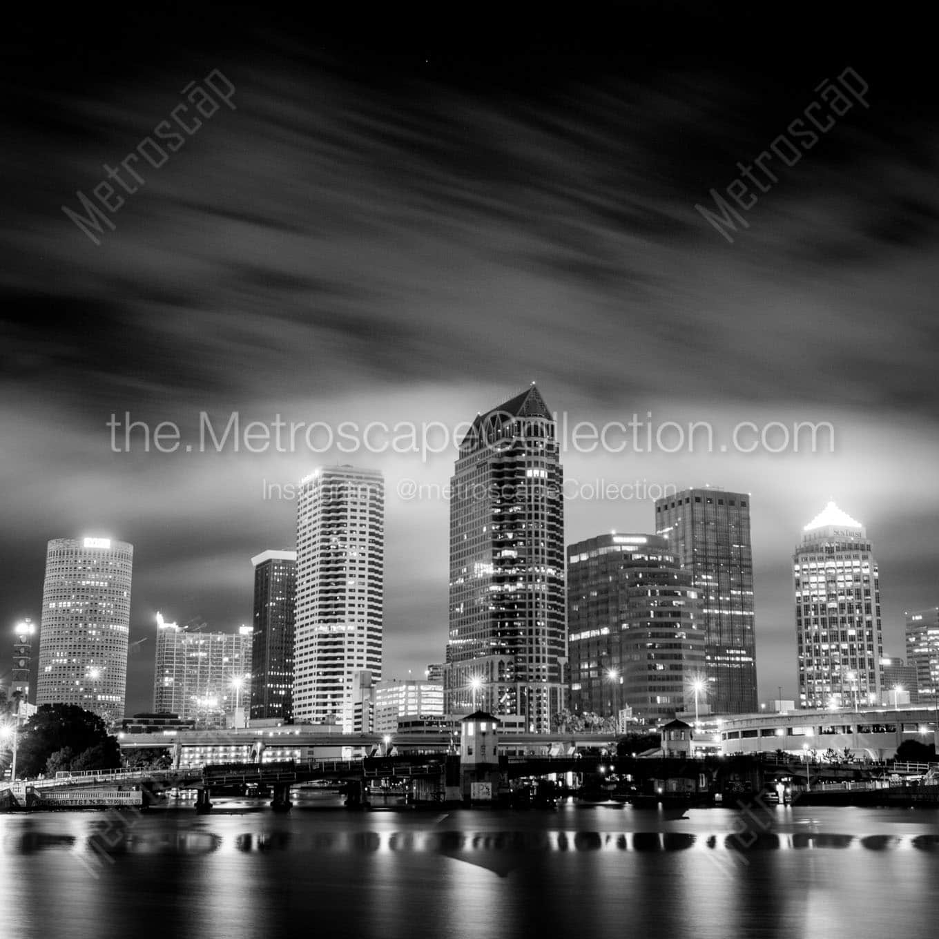 downtown tampa city skyline at night Black & White Wall Art
