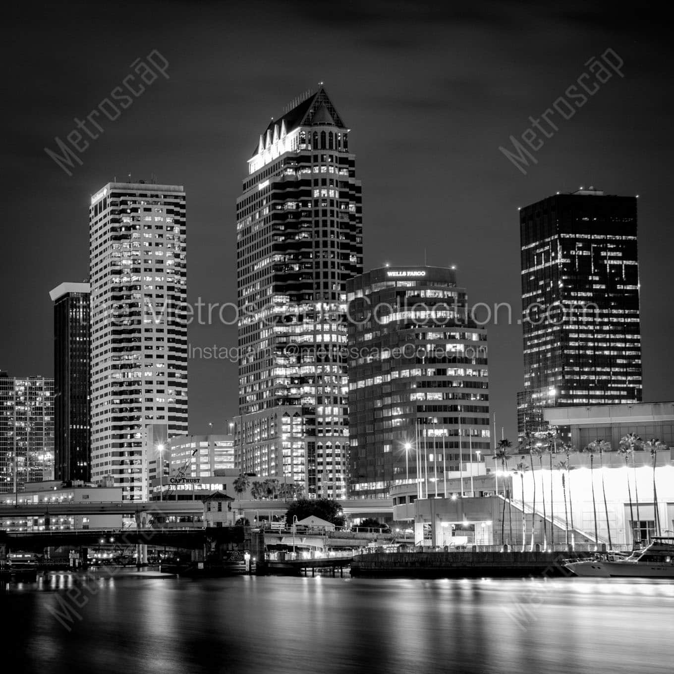 downtown tampa florida city skyline at night Black & White Wall Art