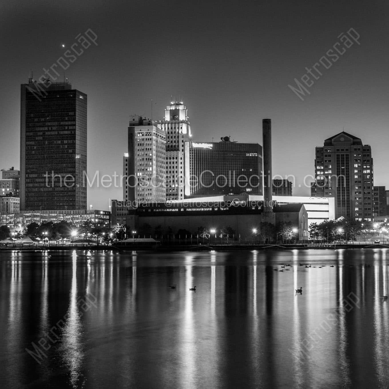 downtown toledo at dusk Black & White Wall Art