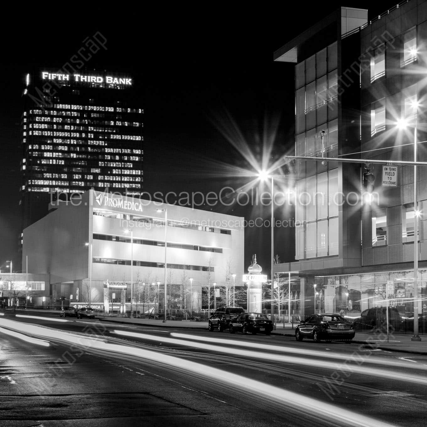 downtown toledo levis square at night Black & White Wall Art