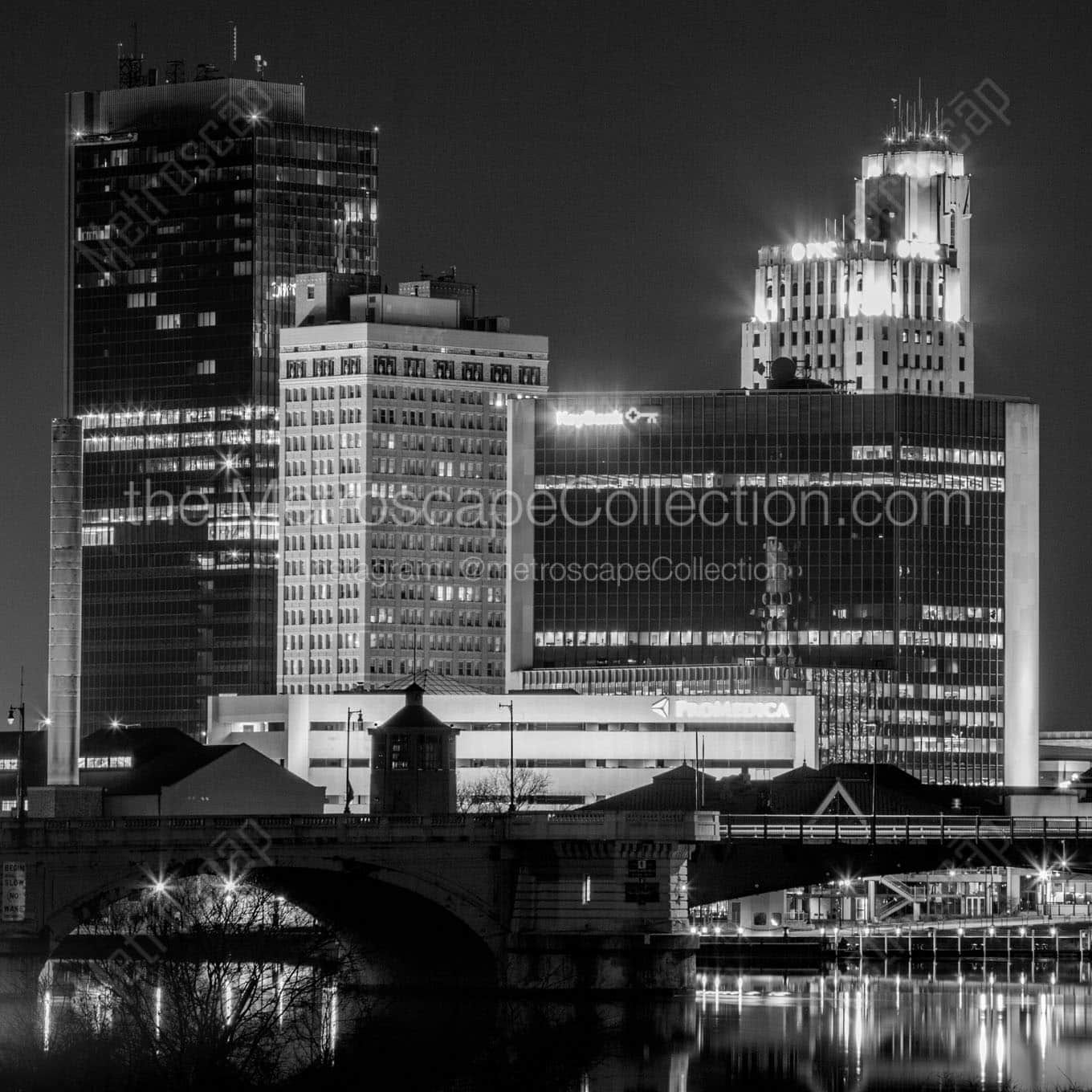 downtown toledo ohio skyline at night Black & White Wall Art