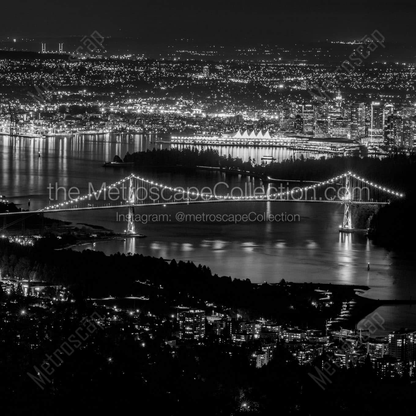 downtown vancouver bc at night Black & White Wall Art