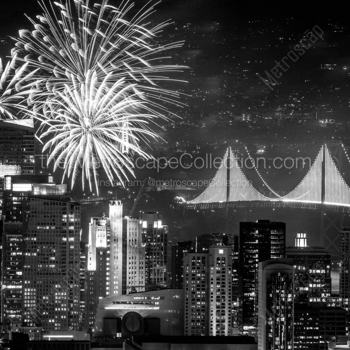 fireworks san francisco skyline bay bridge Black & White Wall Art