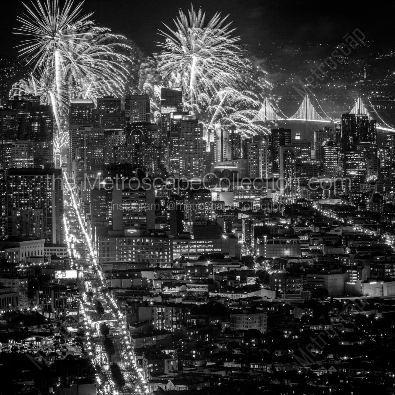 fireworks san francisco skyline night Black & White Wall Art