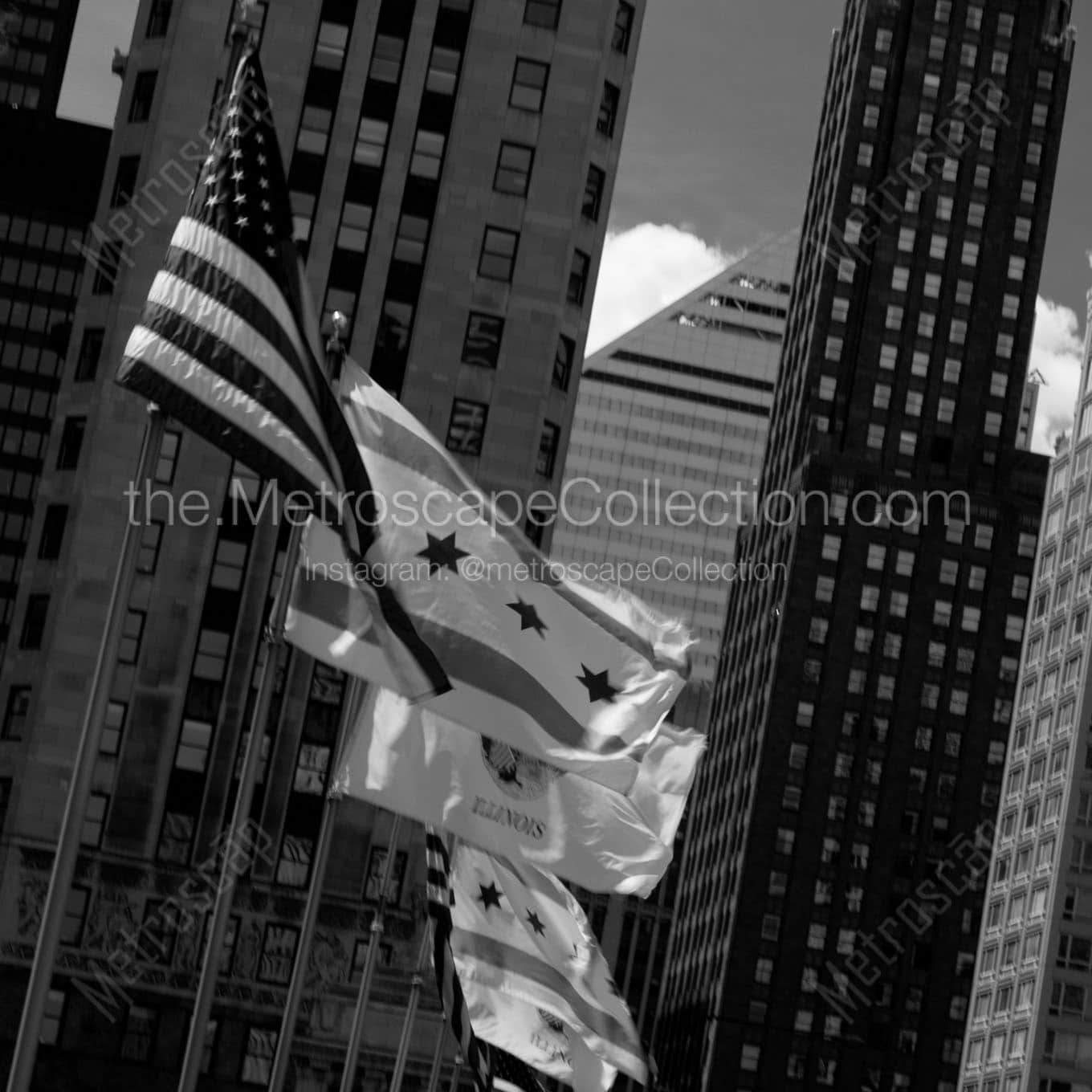 flags along michigan avenue bridge Black & White Wall Art