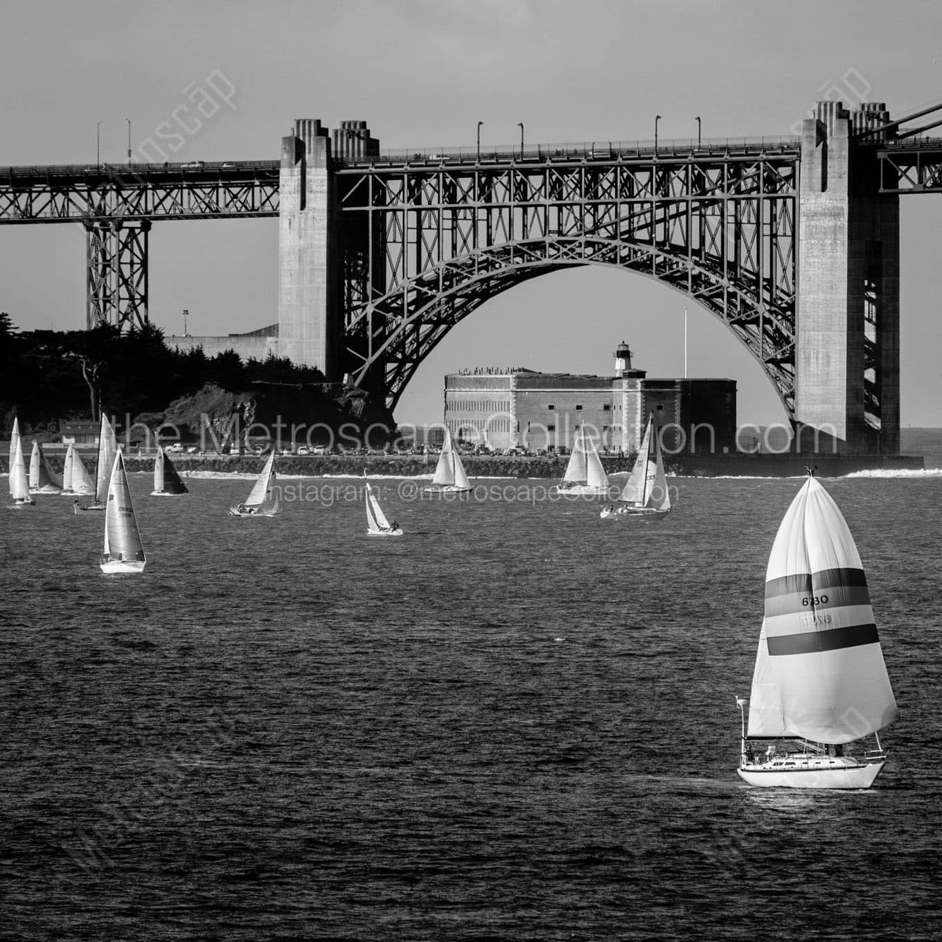 fort point sail boats san francisco bay Black & White Wall Art