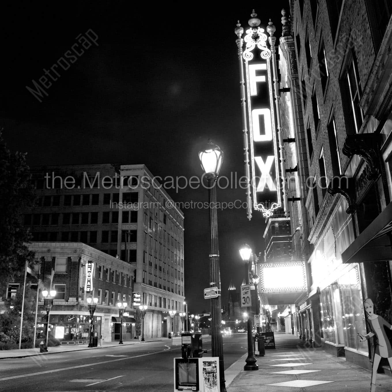 fox theater grand ave at night Black & White Wall Art