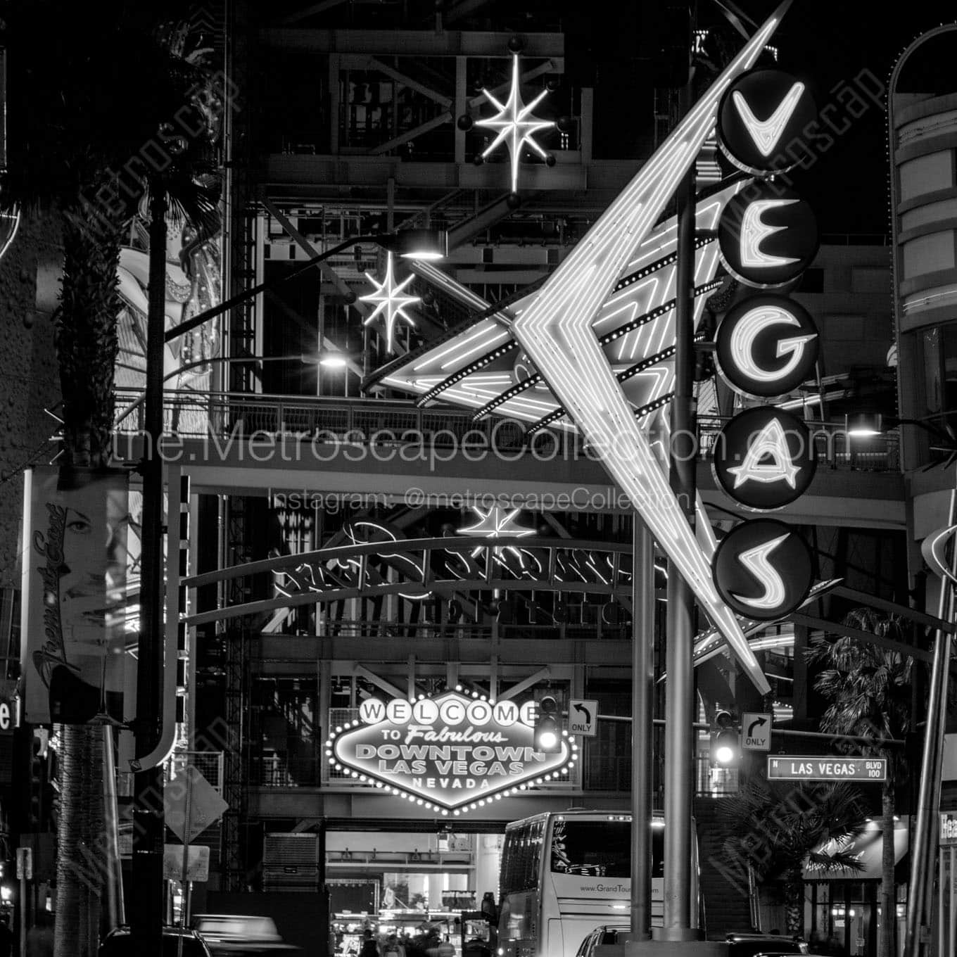 fremont street experience at night Black & White Wall Art