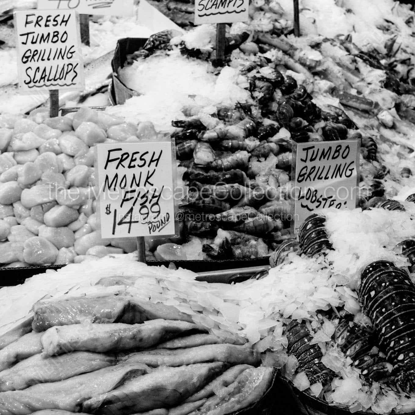 fresh fish at seattle public market Black & White Wall Art