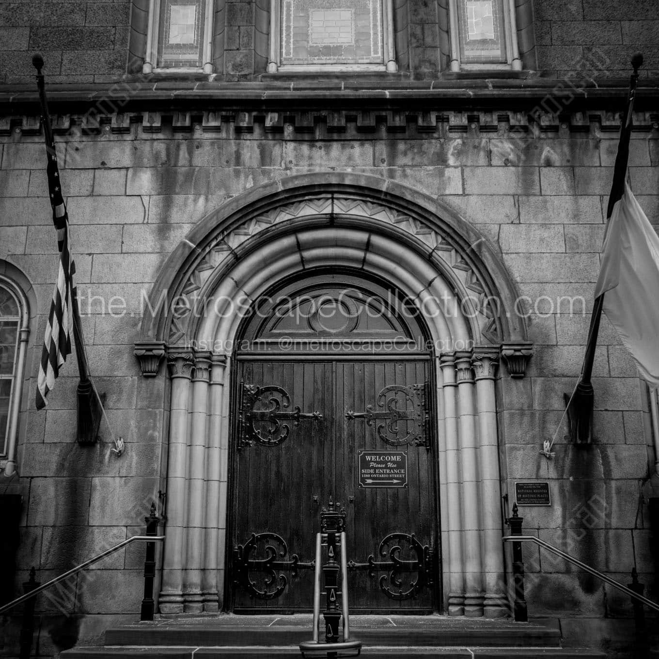 front door old stone church public square Black & White Wall Art