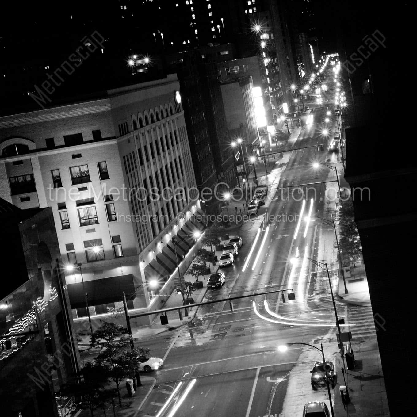 front street cityscape at night Black & White Wall Art