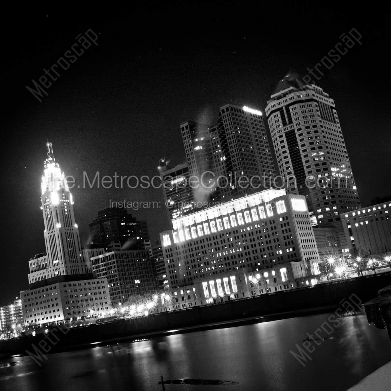 frozen scioto river at night Black & White Wall Art