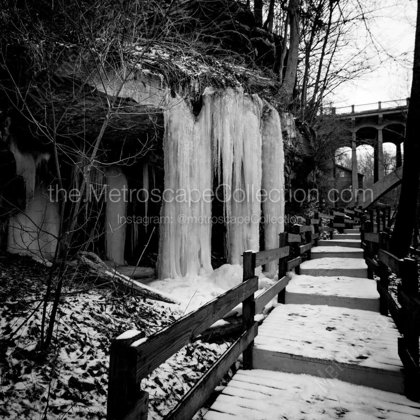 frozen waterfall at lantermans mill Black & White Wall Art