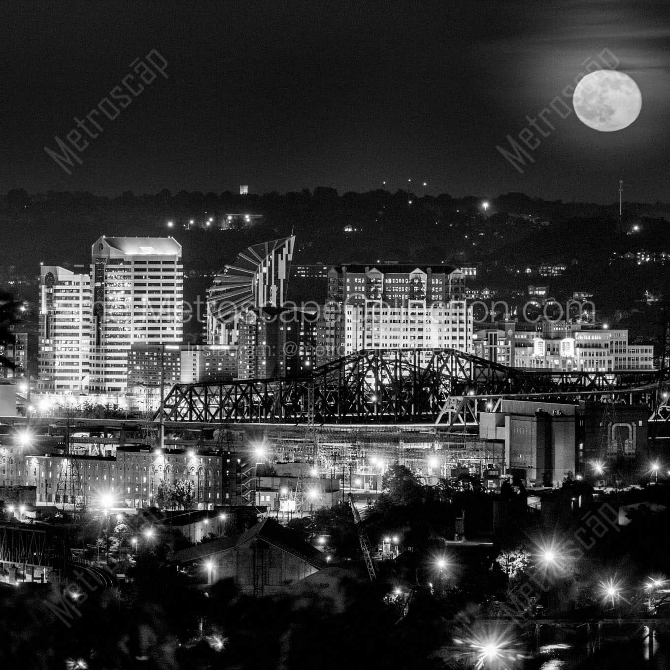full moon over downtown covington kentucky skyline Black & White Wall Art