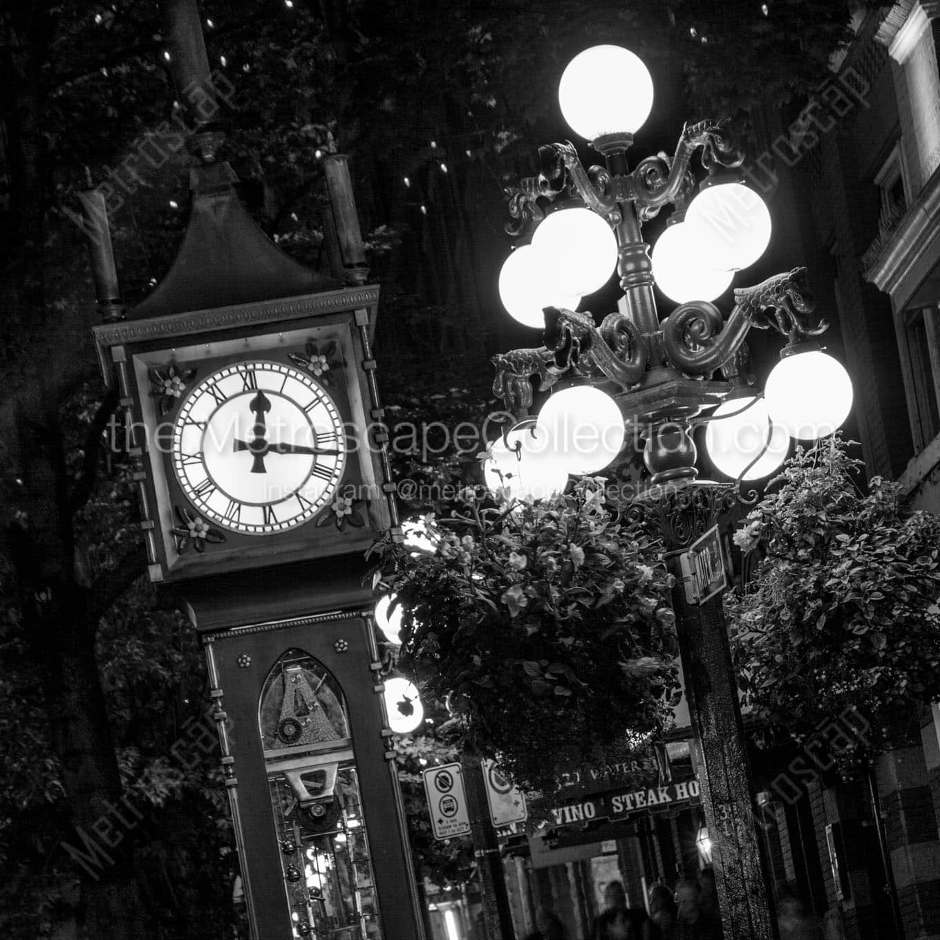 gastown steam clock at night Black & White Wall Art