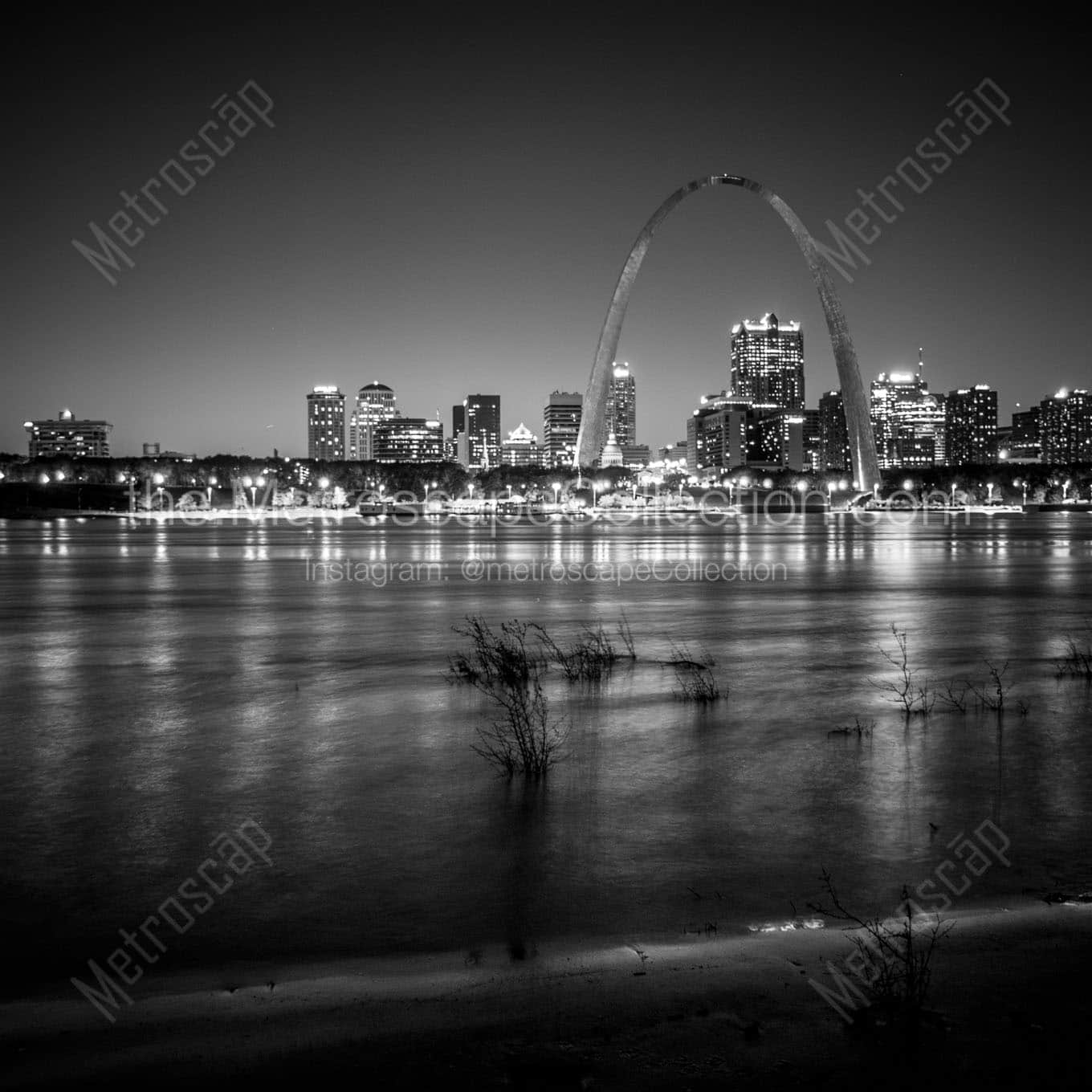 gateway arch over st louis skyline at night Black & White Wall Art