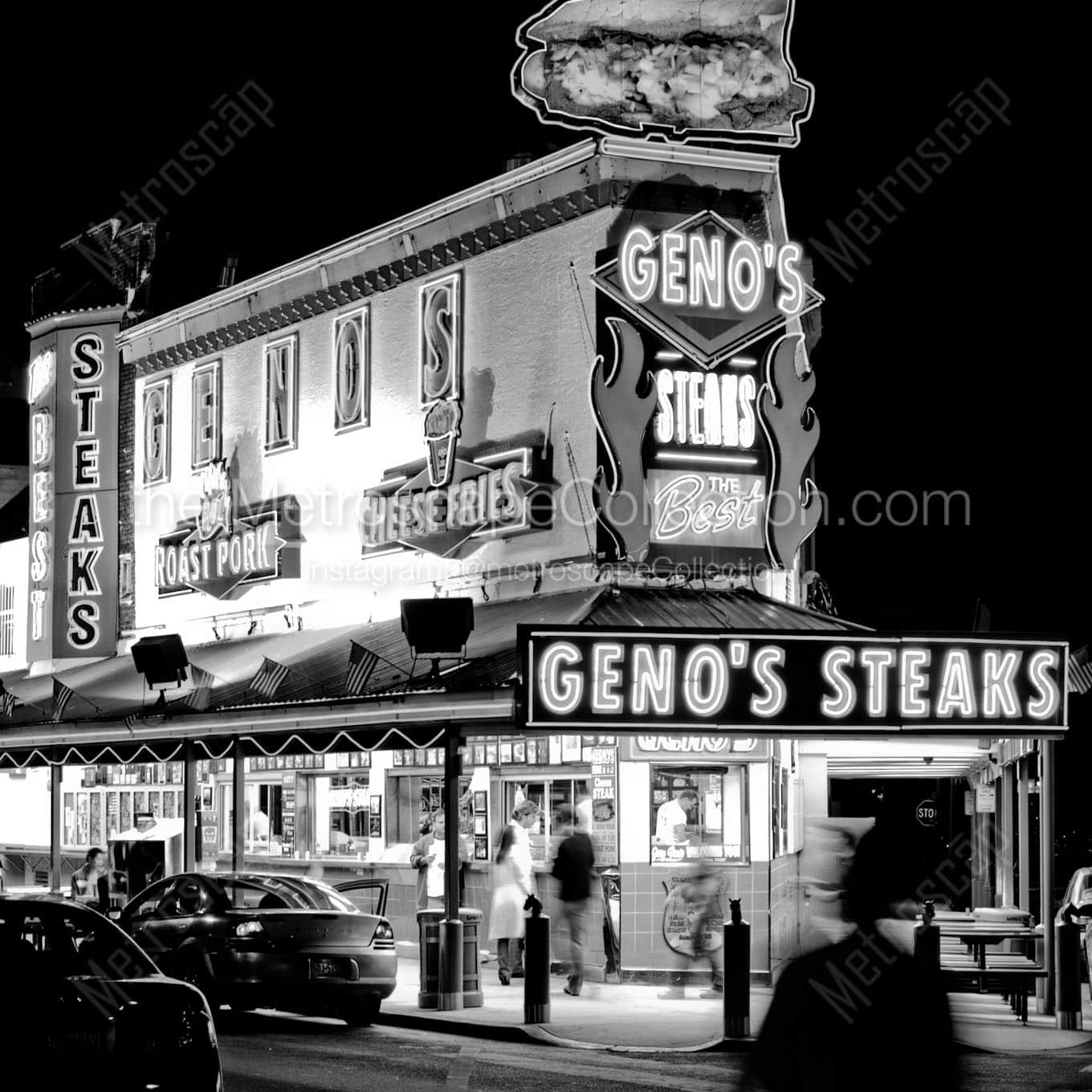 genos steaks at night Black & White Wall Art