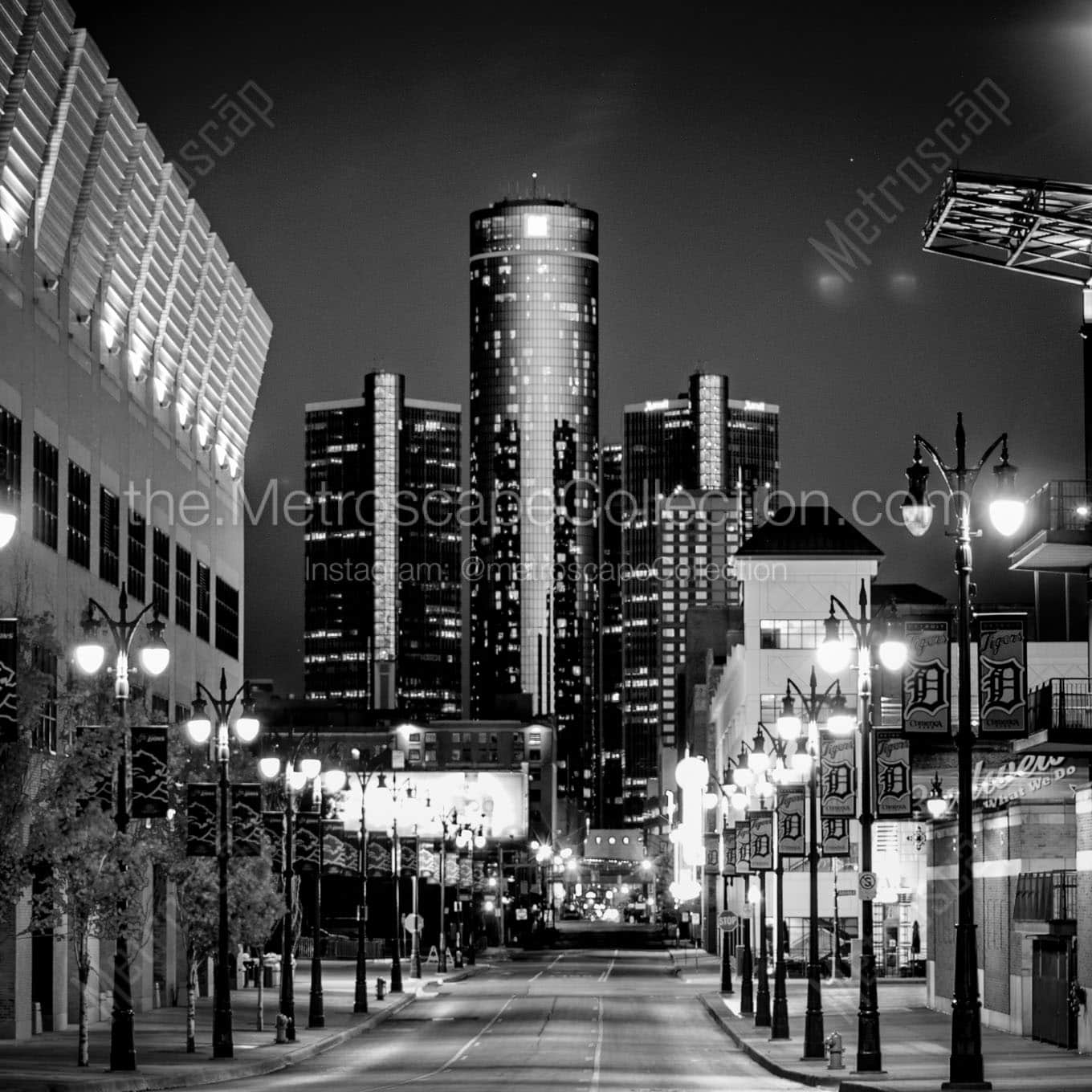 gm renaissance center at night Black & White Wall Art