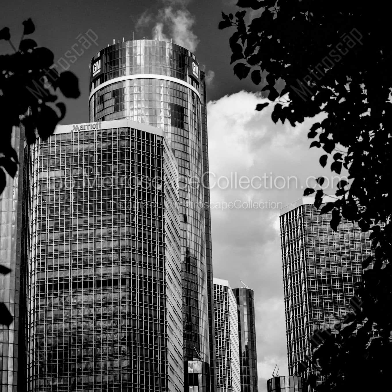 gm tower downtown detroit Black & White Wall Art