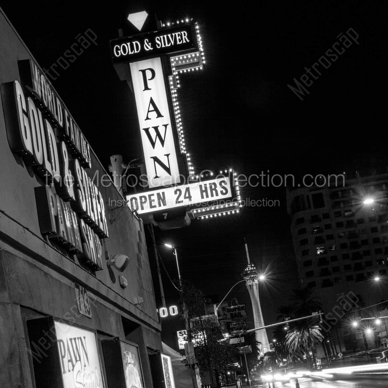 gold silver pawn shop at night Black & White Wall Art