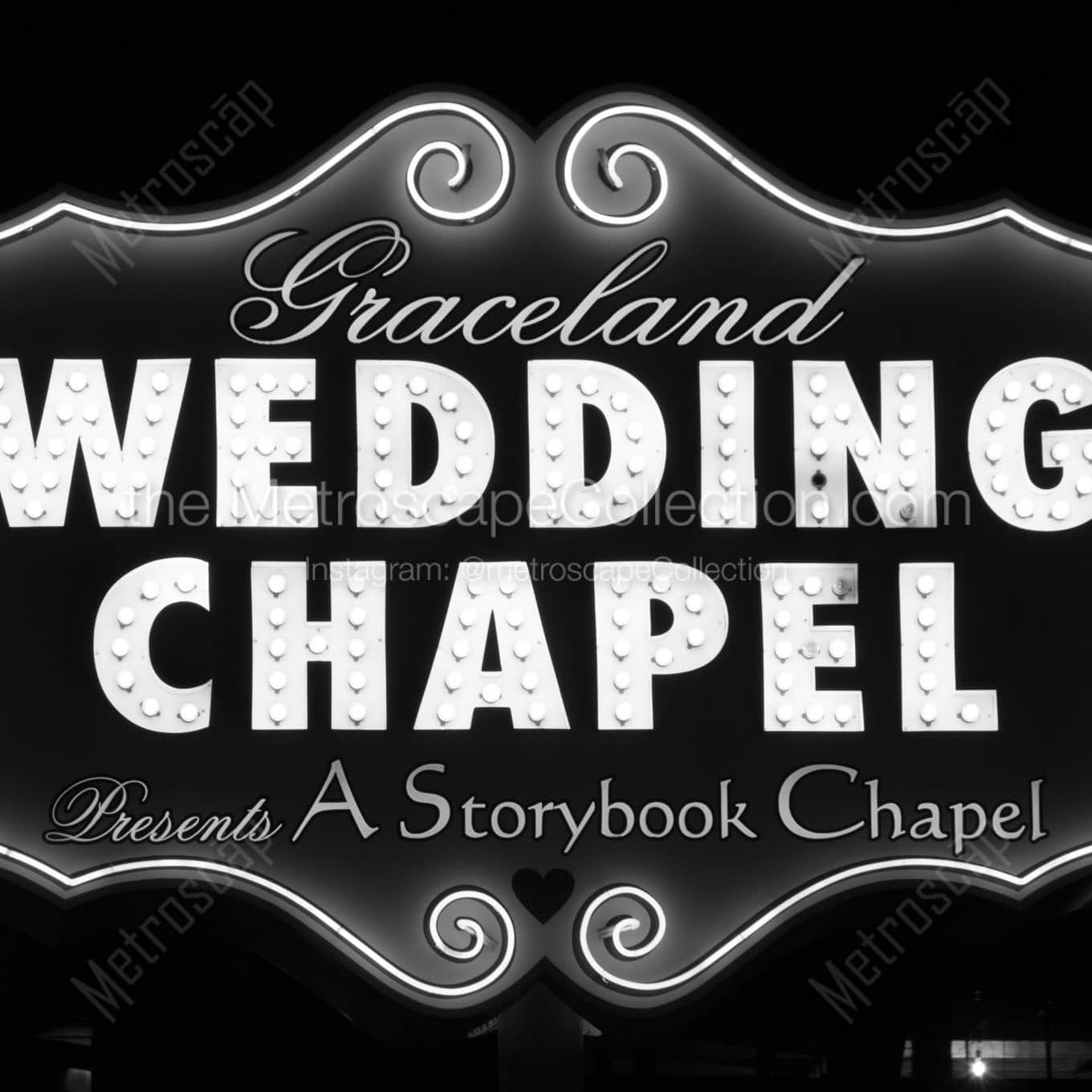 graceland wedding chapel at night Black & White Wall Art