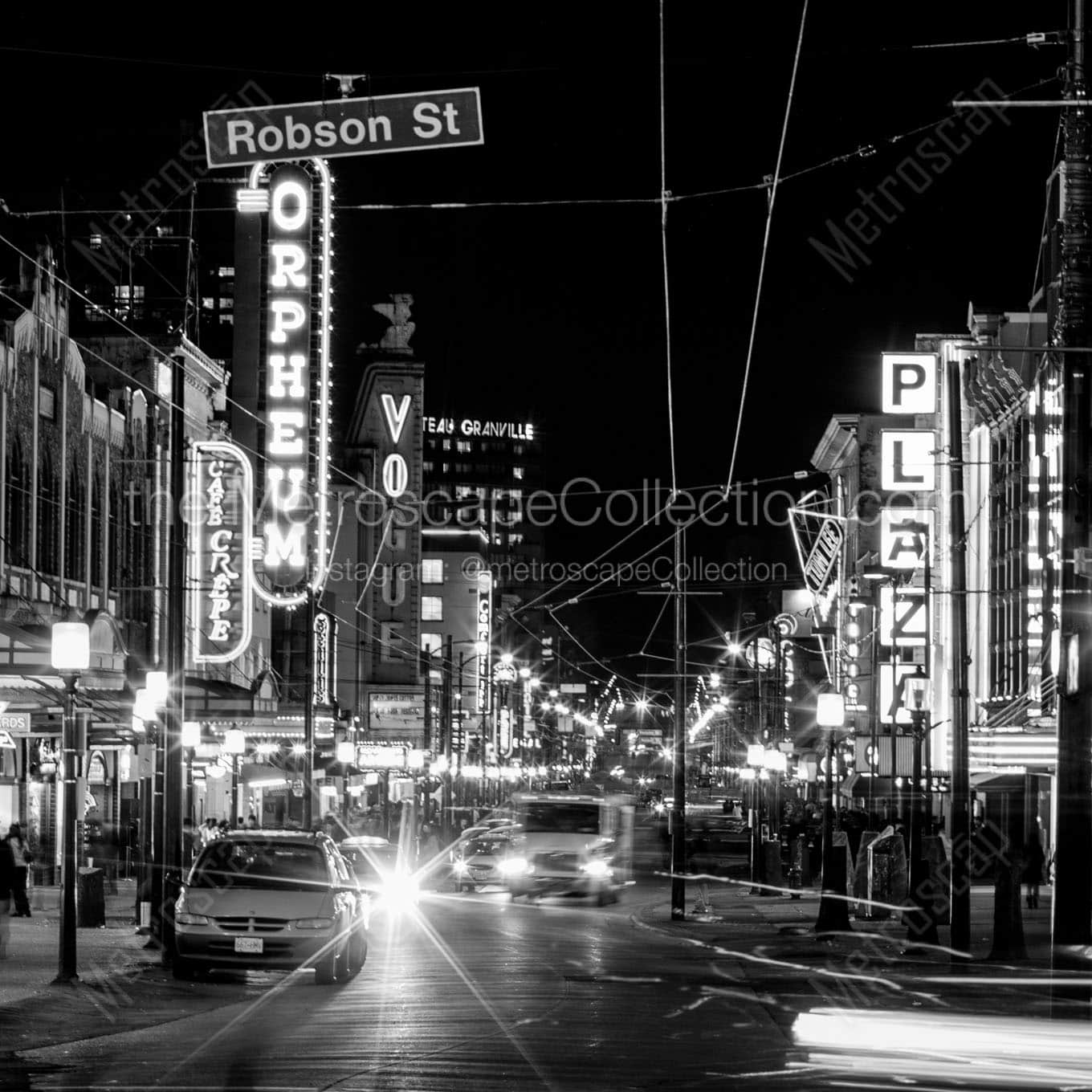 granville ave downtown vancouver at night Black & White Wall Art
